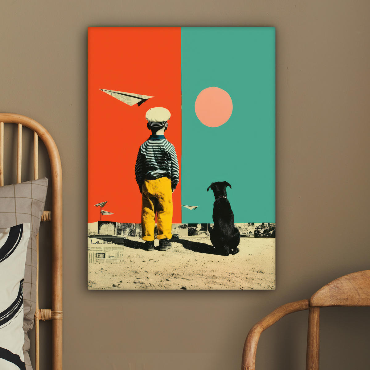 LEINWANDBILD Retro - Junge - Hund - Rot - Grün Wandbild Wohnzimmer 60x80 cm - Orange, Textil (60/80cm) - MuchoWow