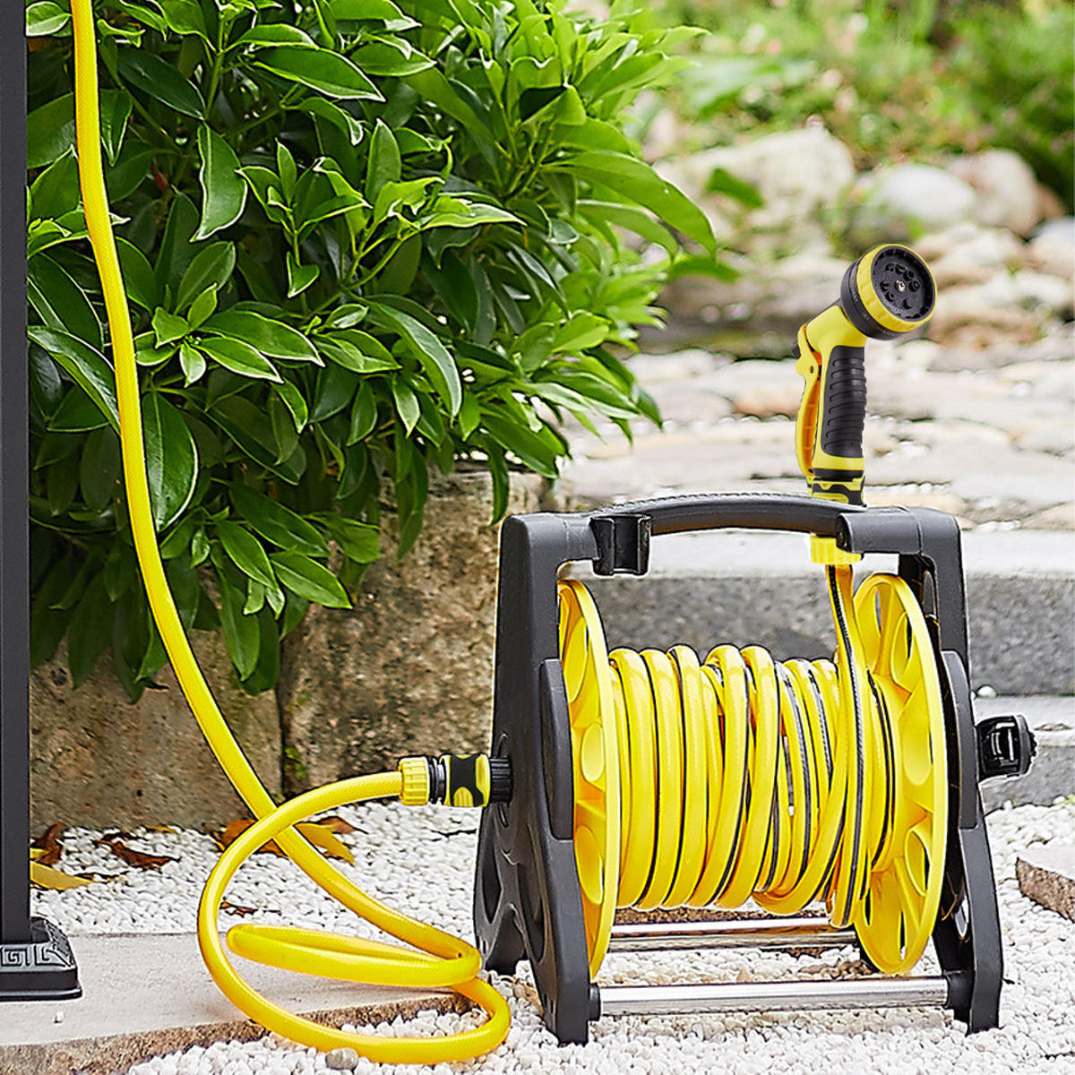 GARTENSCHLAUCHWAGEN 25m mit gummibeschichteter Spritzpistole 10 Sprühmodi PP Rahmen gelb/schwarz - Gelb, Kunststoff (35cm) - Livingandhome