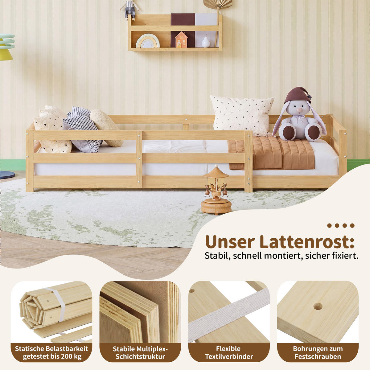 KINDERBETT 90/200 cm in Natur - Naturfarben, Holz/Holzwerkstoff (90/200cm) - WISHDOR
