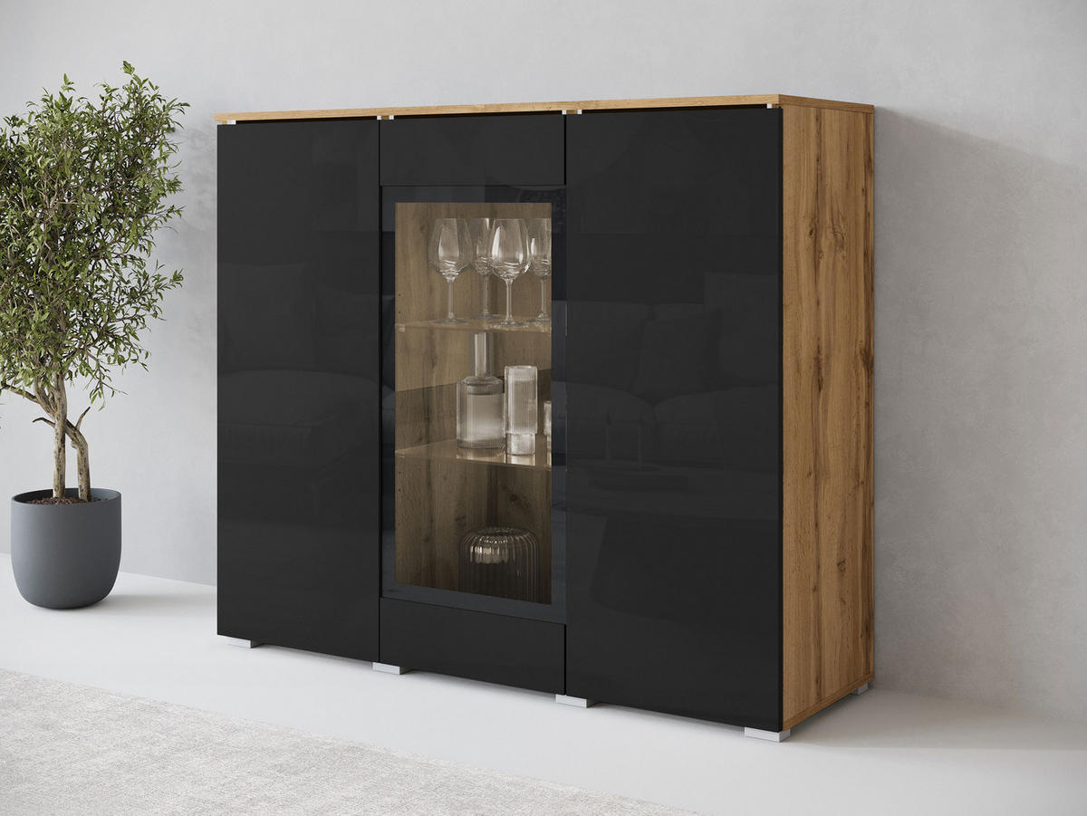 KOMMODE Vera 120 - Schwarz Hochglanz/Silberfarben, Holzwerkstoff/Kunststoff (120/104/40cm) - MIRJAN24
