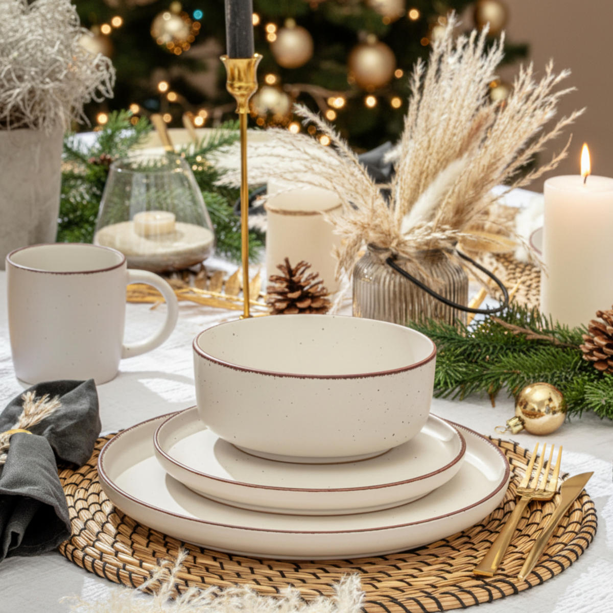 TAFELSERVICE BOMBAY IVORY - 12 teilig aus Steingut - Creme, Stein (27/6.5/27cm) - Sänger