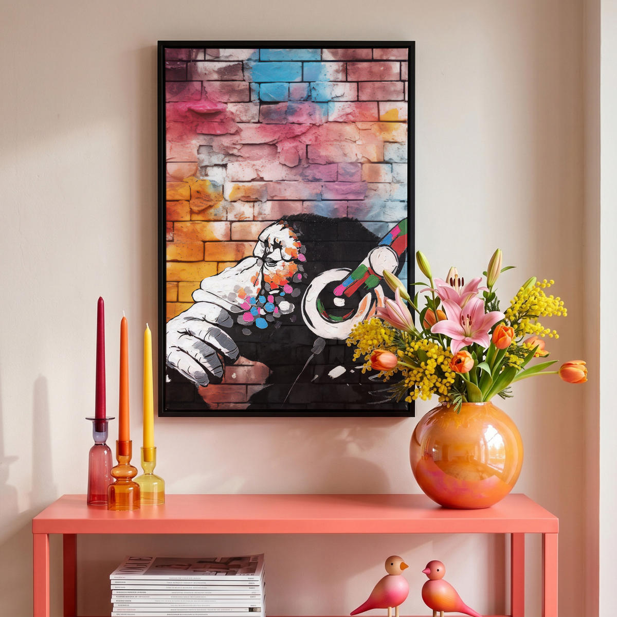 LEINWAND Bilder mit Rahmen - Affe - Graffiti - Musik - 40x60 - Multicolor, Textil (40/60cm) - MuchoWow