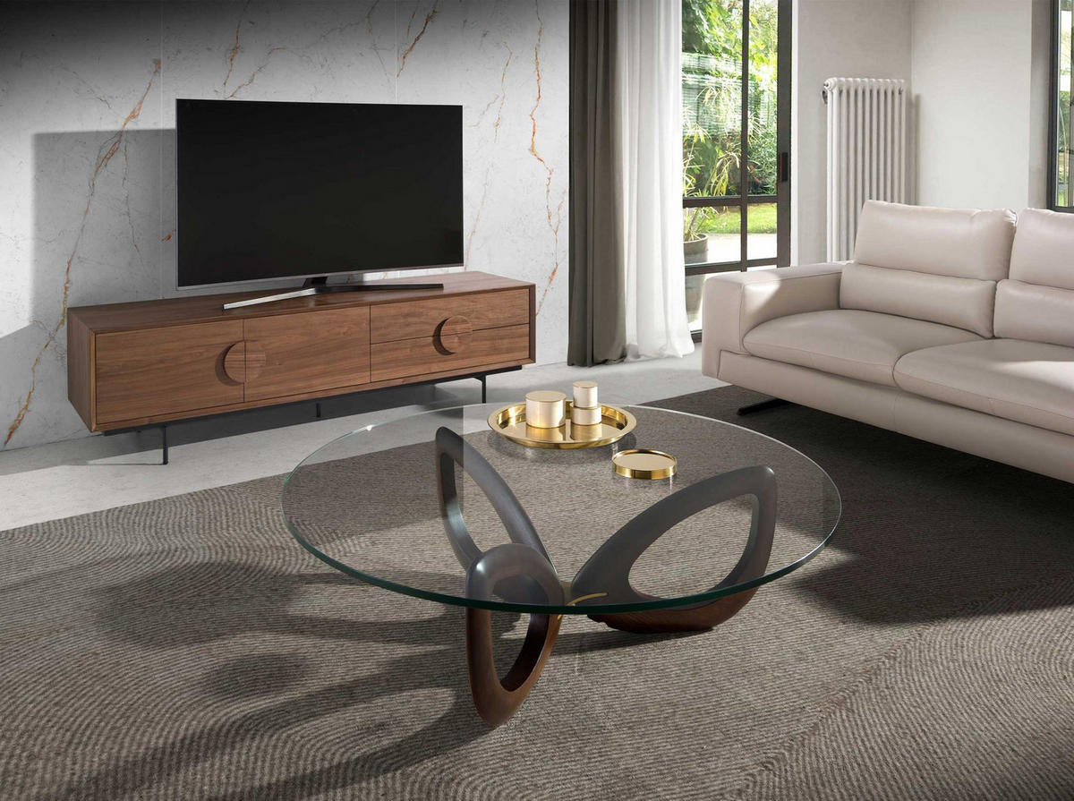 COUCHTISCH Runder aus gehärtetem Glas und Nussbaumholz Ø120/38 cm - Transparent/Walnussfarben, Glas/Holz (120/120/38cm) - ANGEL CERDA