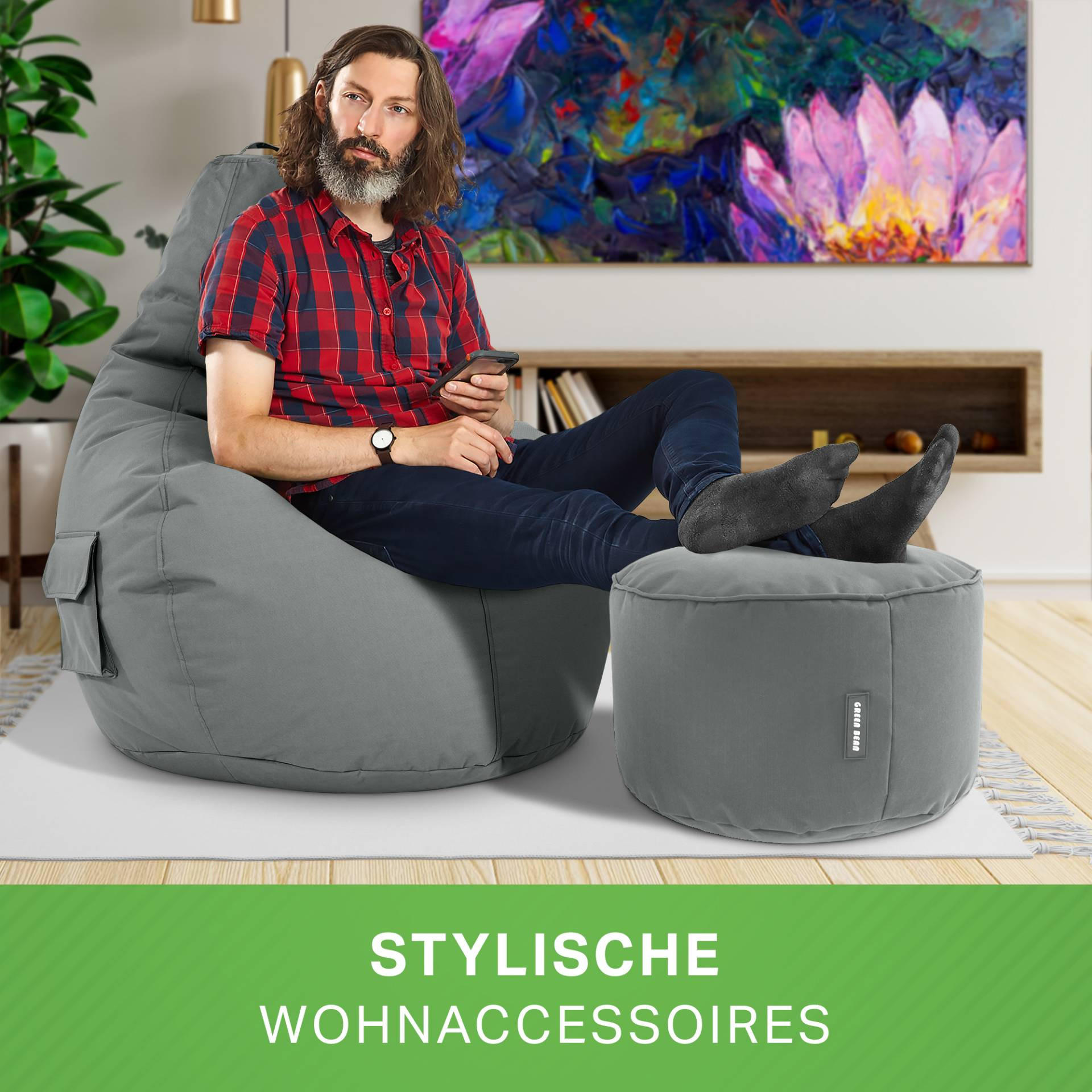 SITZSACK + Hocker "Cozy+Stay" 2er Set - Grau, Textil (70/90/80cm) - Green Bean