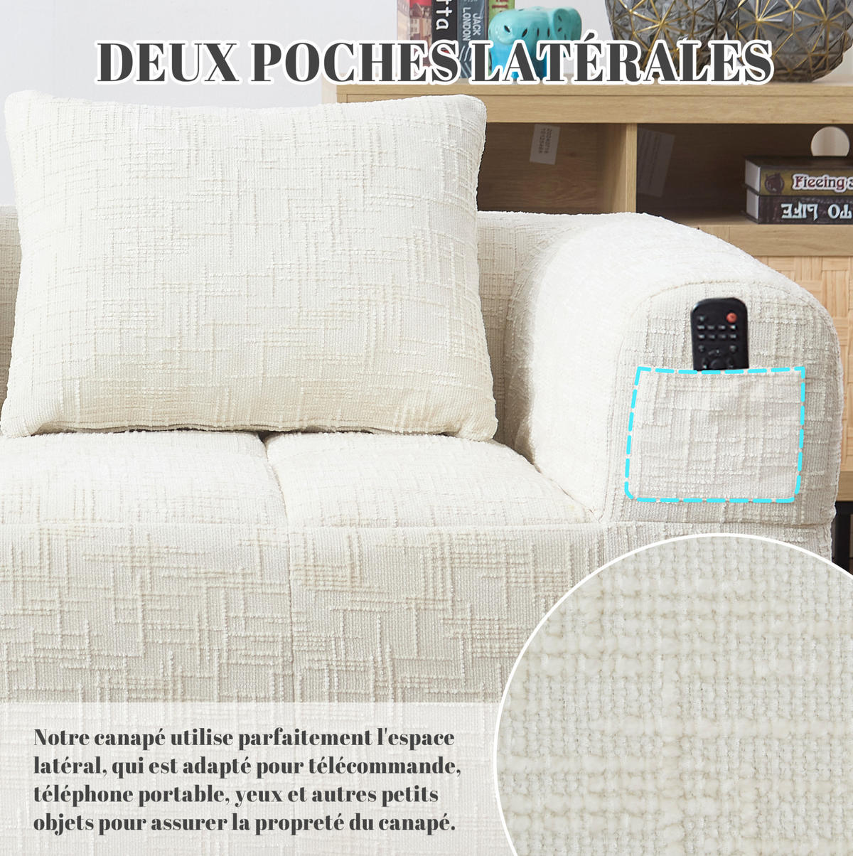 2-SITZER 158/90/60 cm Beige aus Chenille mit Seitentaschen - Beige, Textil (90/60/158cm) - OKMYHOME