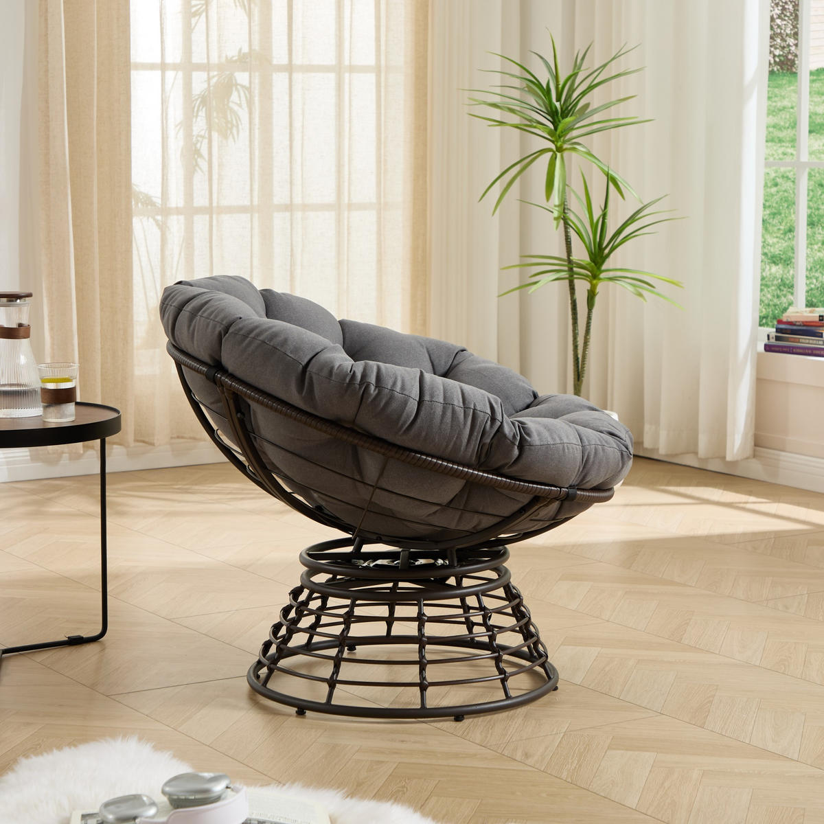 GARTEN-RELAXSESSEL Papasansessel, 360° drehbar,Rattan, Polyester,Grau - Grau, Kunststoff/Metall (60/67/92cm) - LVHOM