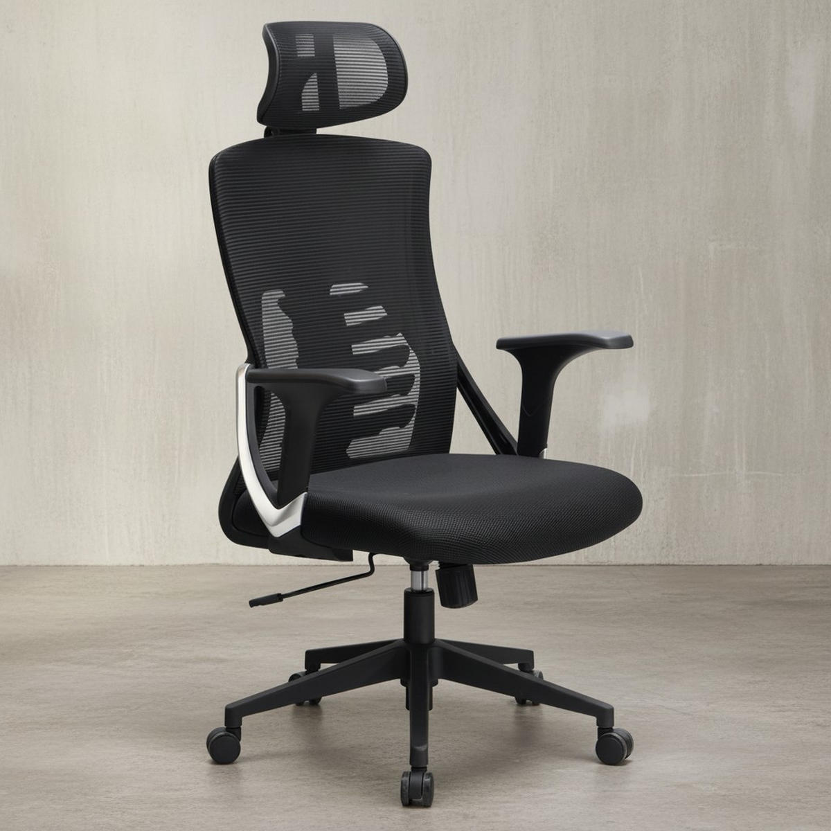 BÜRODREHSTUHL Schwarz Mesh mit Wippmechanik, Kopfstütze und 4-fach Lordosenstütze ASTRA - Schwarz, Kunststoff/Textil (65/123/65cm) - KADIMA DESIGN
