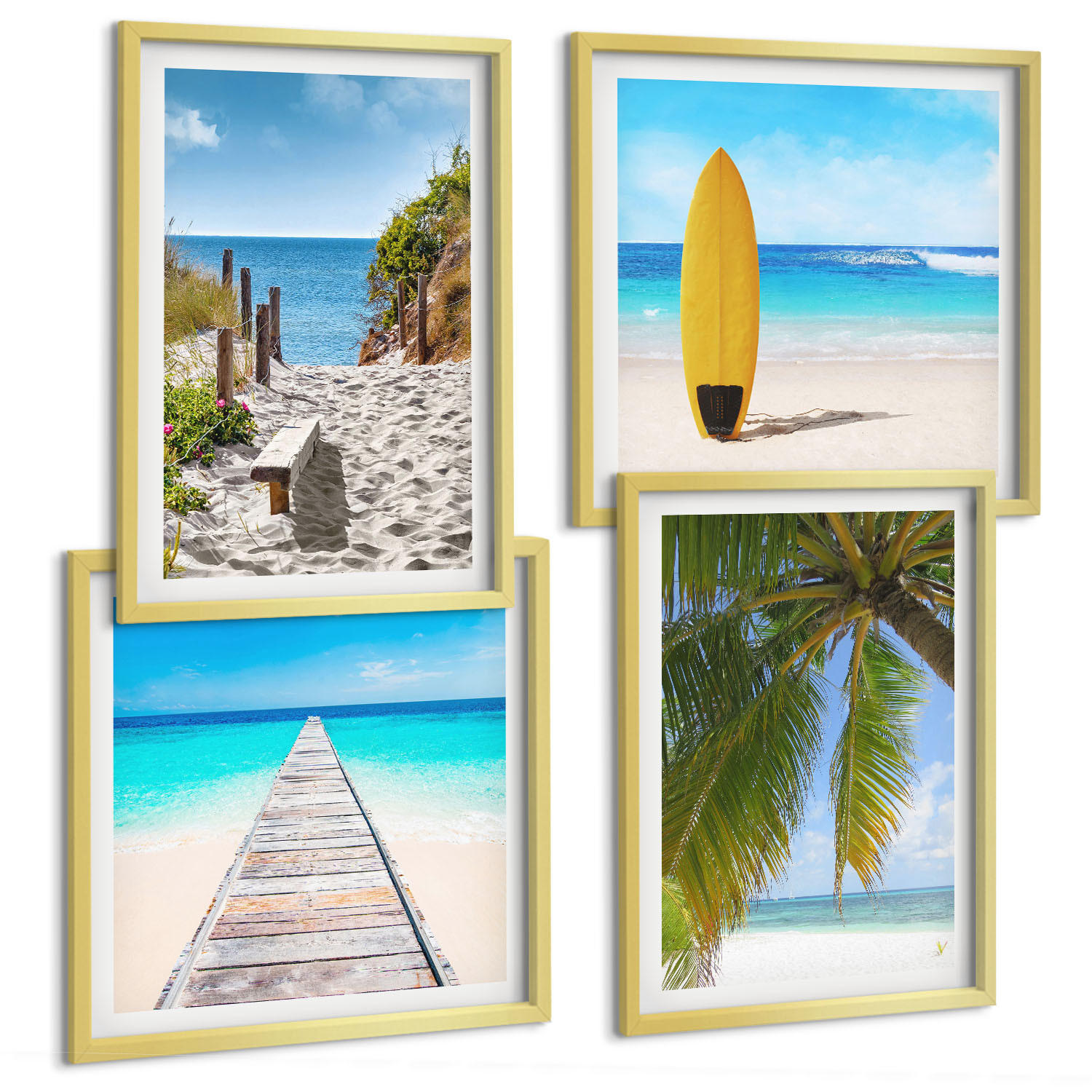 BILDER SET 4er Set - 50x50 cm & 40x60 cm Goldrahmen - Urlaubsblick Strand Palmen - Goldfarben, Kunststoff (50/50cm) - TULUP