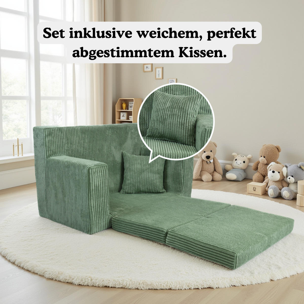 KINDERSOFA aus Kuschel-Cord in Hellgrün - Hellgrün, Textil (83/47/43cm) - Fortisline