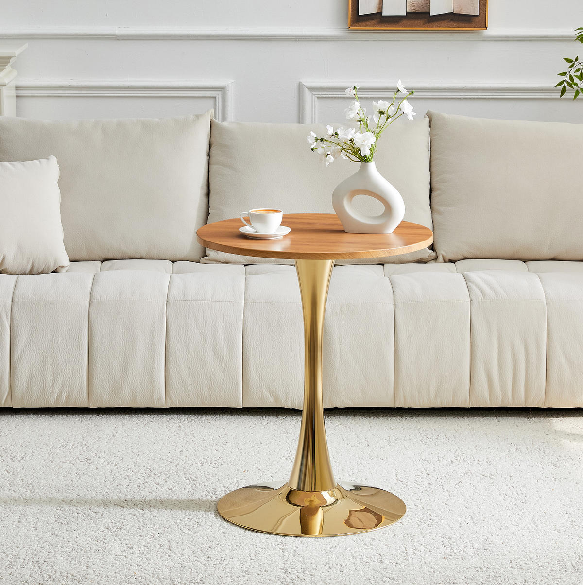BEISTELLTISCH 60/60/72 cm mit MDF-Tischplatte und Metallgestell, runde Form und stabile Basis, Gold/Holzfarben - Schwarz, Holzwerkstoff (60/60/72cm) - Redom