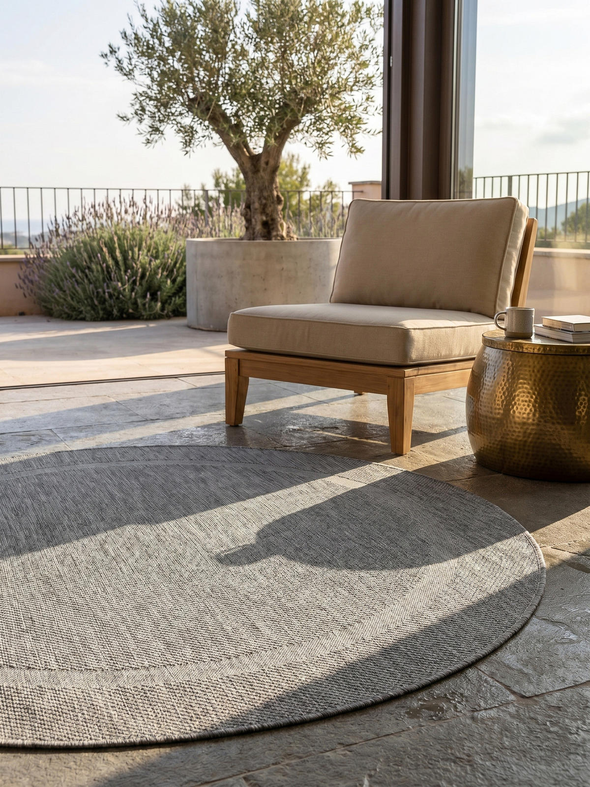 TEPPICH Balkon Unifarben Pflegeleicht Waschbar Terrasse Rund Grau 160x160 cm – ALSTER - Grau, Textil (160/160cm) - KADIMA DESIGN
