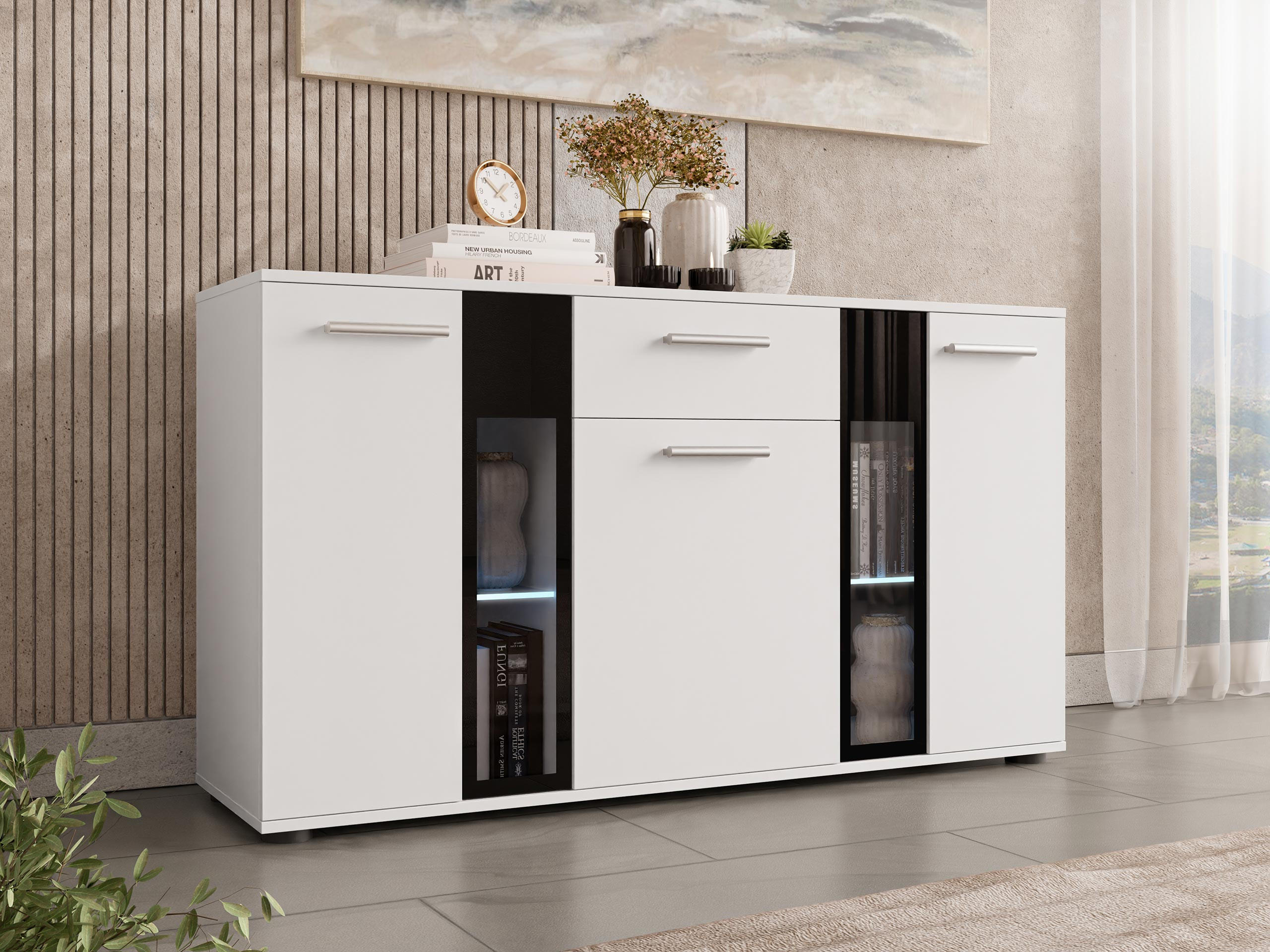 KOMMODE Salsa mit blauer LED Beleuchtung - Silberfarben/Weiß, Holzwerkstoff (141/80/41cm) - MIRJAN24