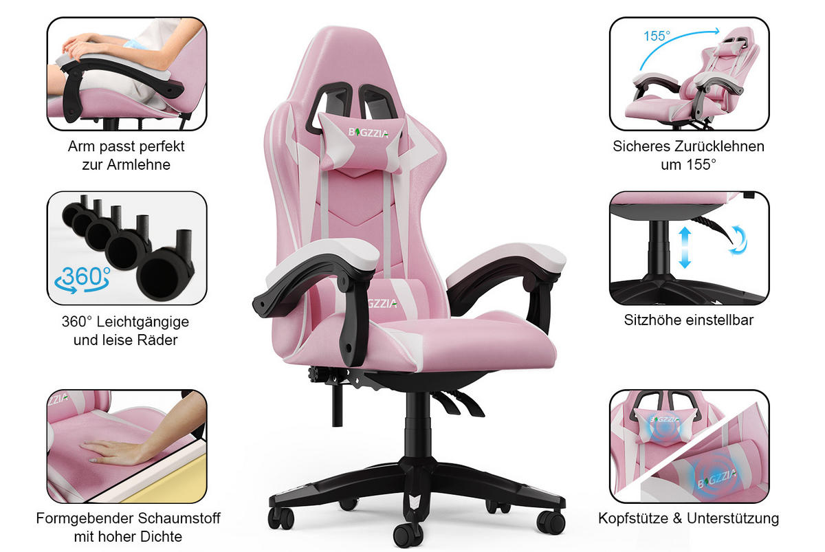 GAMING-STUHL ergonomisch, verstellbare Rückenlehne, Kissen – Rosa/Weiß - Multicolor, Leder (59/120/56cm) - Rattantree