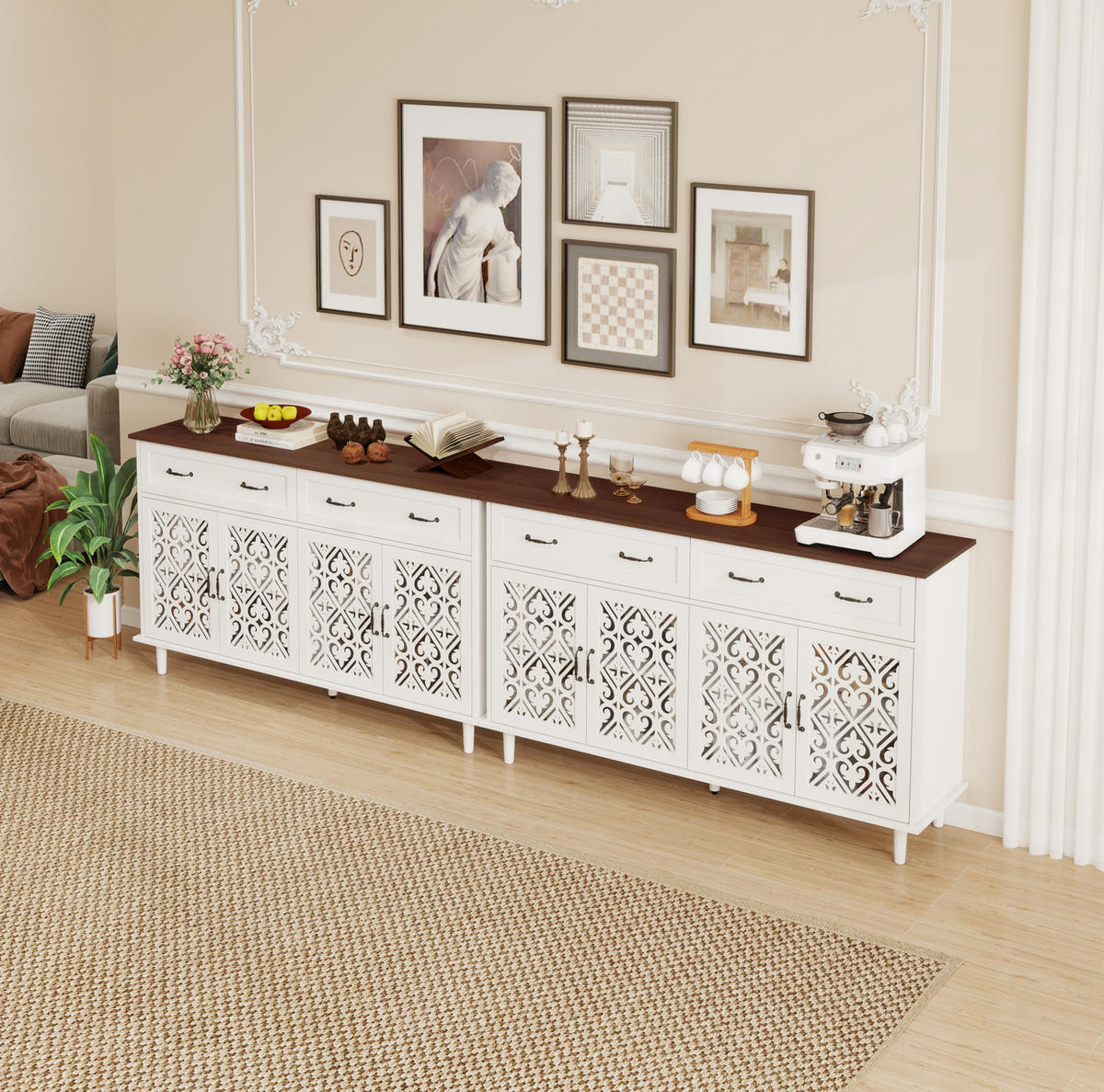 SIDEBOARD 150/40/90 cm weiß aus Holzwerkstoff mit 4 Türen 2 Schubladen und Vintage-Dekor - Weiß, Holzwerkstoff (150/90.3/40cm) - OKWISH