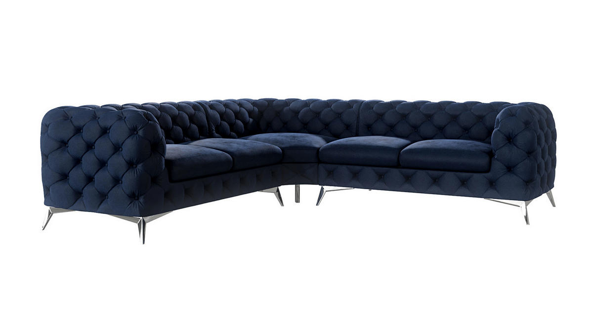 ECKSOFA Chesterfield Laura Marineblau Samt - Silberfarben/Dunkelblau, Holz/Textil (264/264cm) - S-Style Möbel