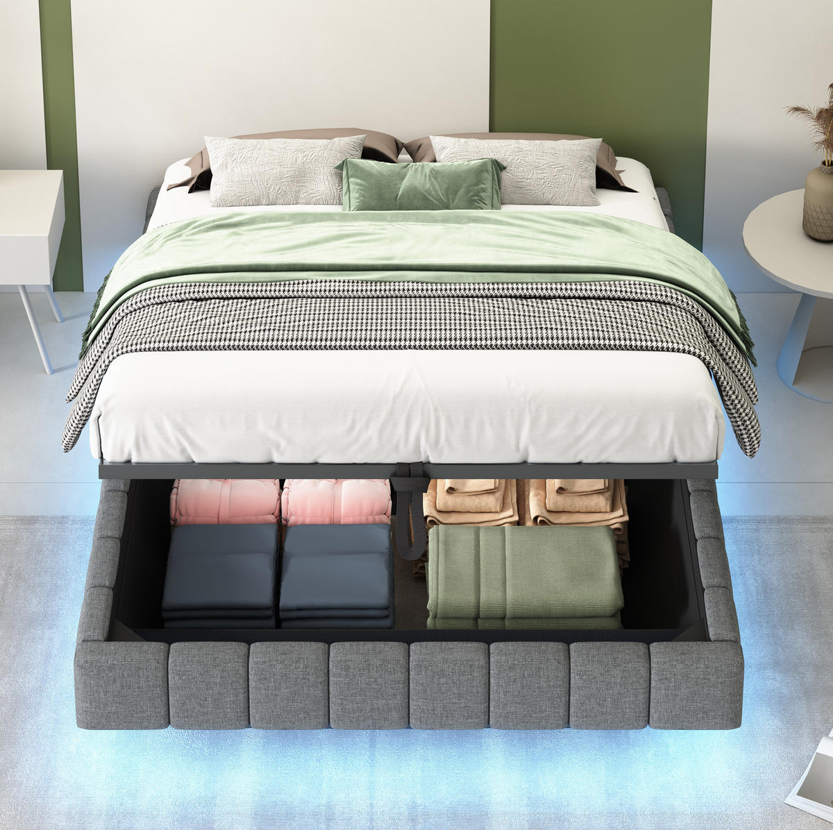 POLSTERBETT 140/200 cm grau aus Stoff mit LED und Stauraum - Grau, Textil (140/200cm) - OKMYHOME