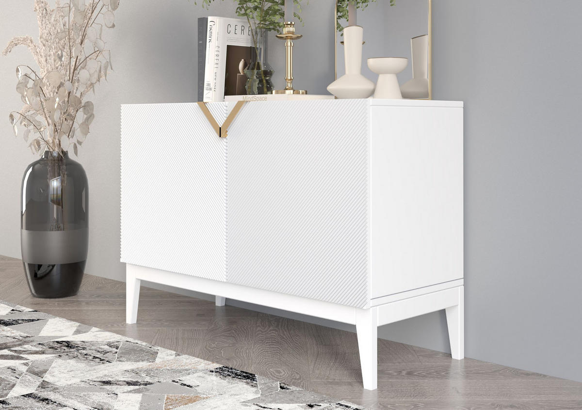 SIDEBOARD Demi 2D Long, Weiß-Gold, Mit Gefrästen Fronten, Massive Buche - Weiß, Holz/Holzwerkstoff (100.5/70/42cm) - Visby