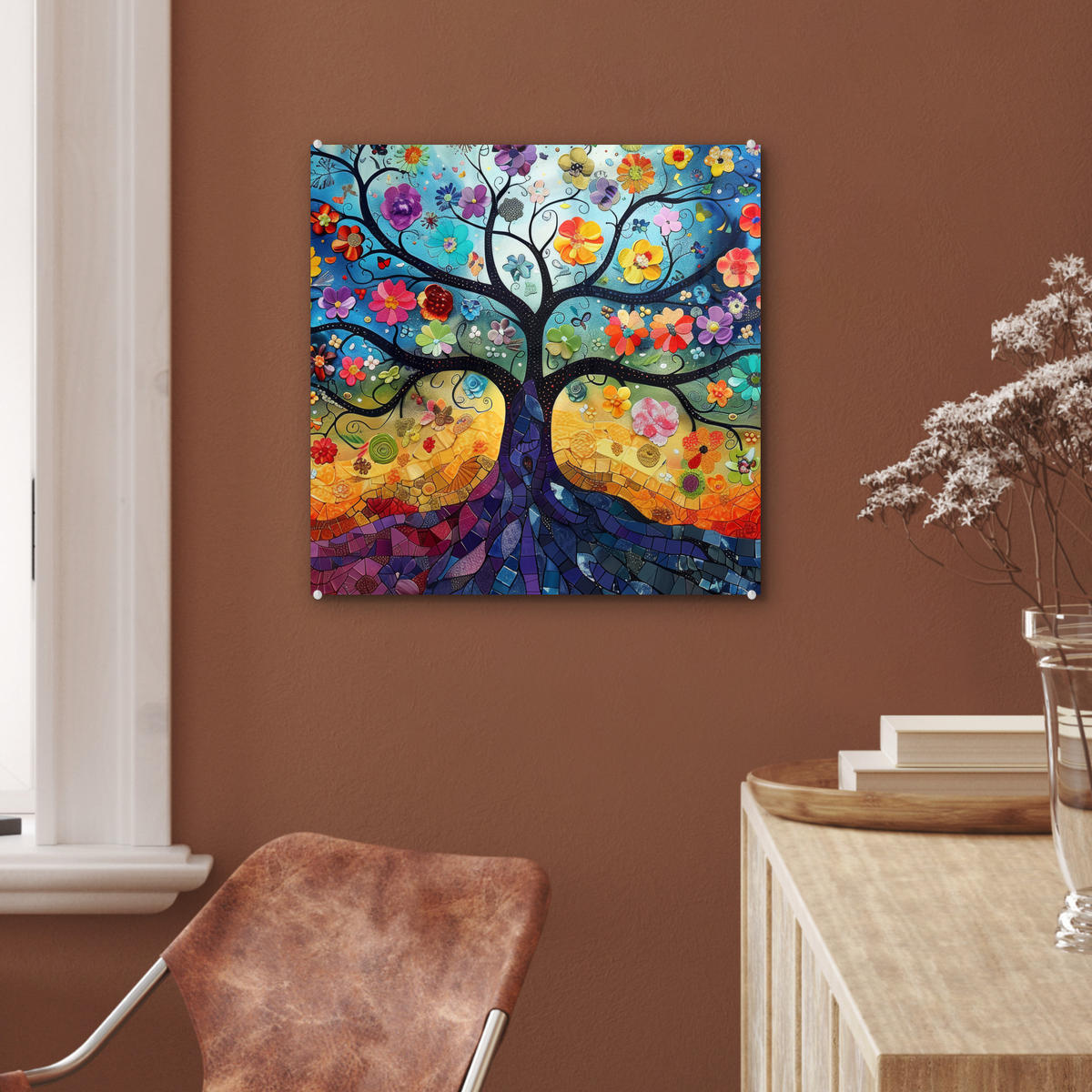OBRAZ NA AKRYLOVOM SKLE Umenie - Strom života - Kvety - Hippie 50x50 cm - tmavomodrá, sklo (50/50cm) - MuchoWow