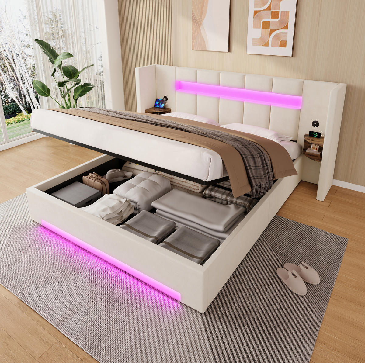 POLSTERBETT 160/200 cm mit USB-Anschlüssen, LED-Beleuchtung, Hydraulik und Stauraum, Beige - Beige, Textil (160/200cm) - Redom