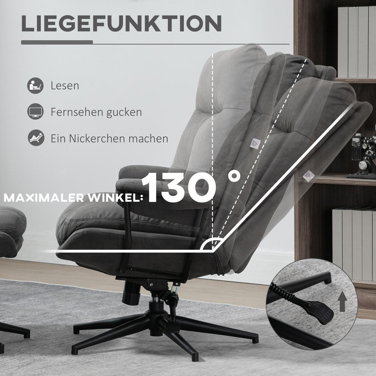 RELAXSESSEL mit Hocker, Drehbarem Fuß Fernsehsessel mit Liegefunktion Polyester - Dunkelgrau, Metall (91/103.5/78cm) - HOMCOM