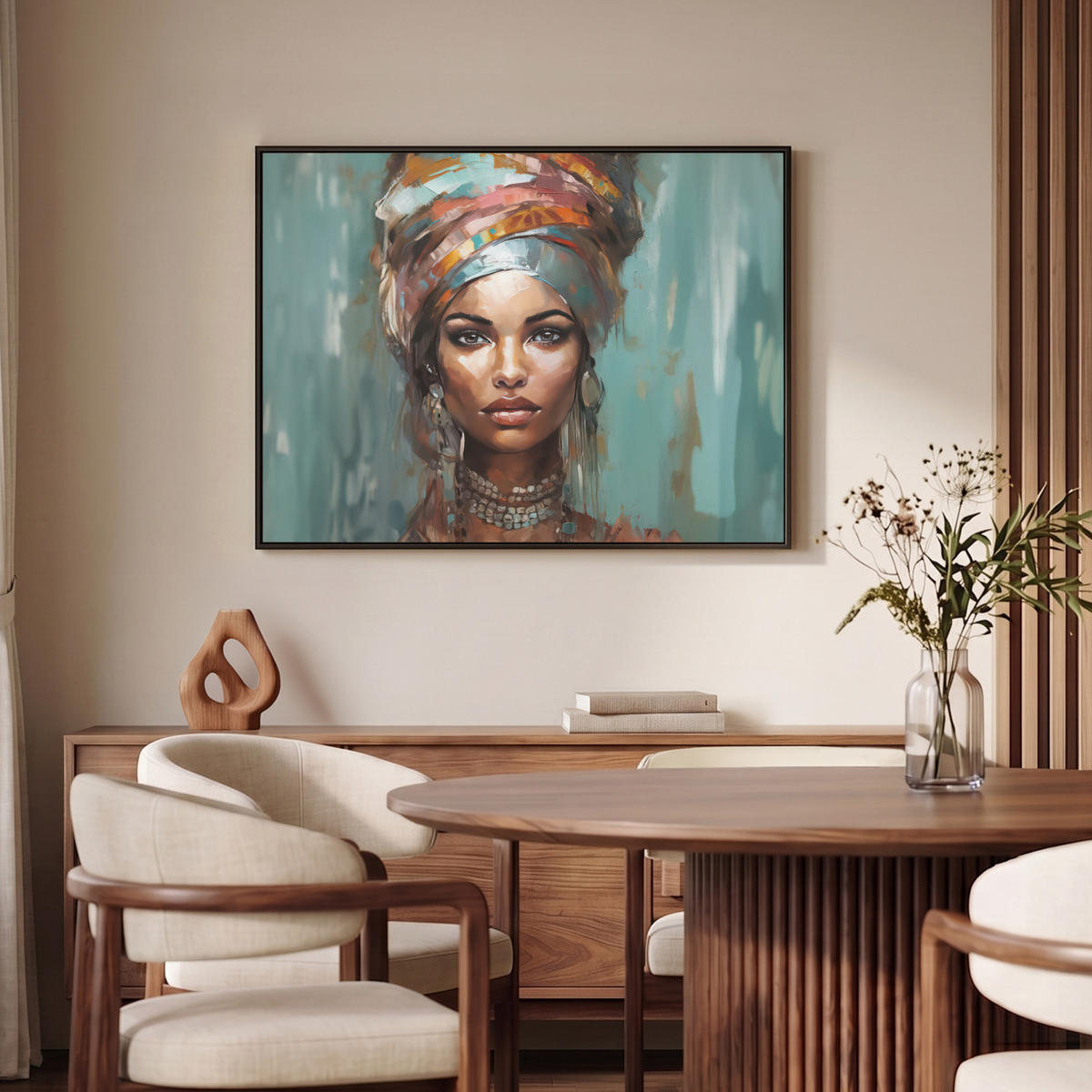 LEINWAND Bilder mit Rahmen - Frau - Kunst - Schmuck - Porträt - 100x70 - Blaugrau, Textil (100/70cm) - MuchoWow