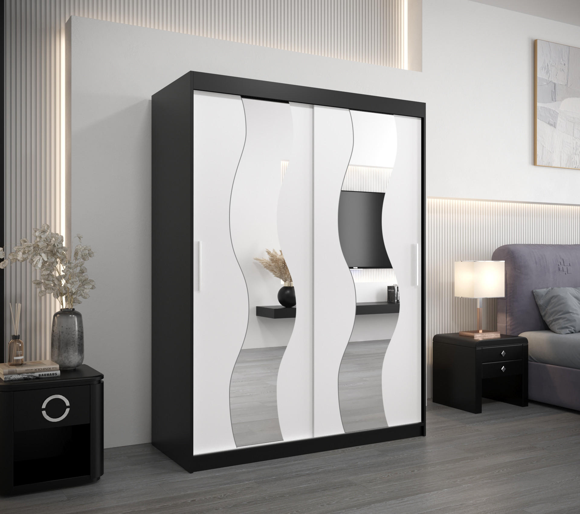 SCHWEBETÜRENSCHRANK 200/150/62 2-türig - Silberfarben/Schwarz, Holz/Kunststoff (150/200/62cm) - Abiks Möbel