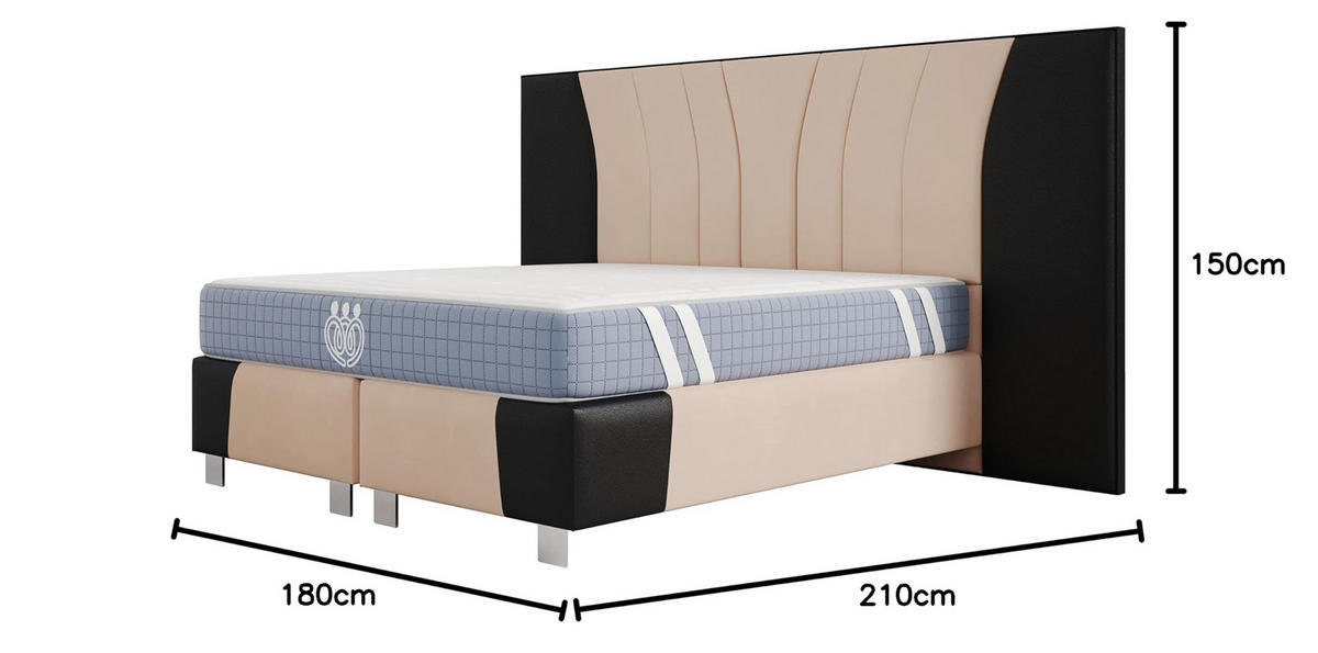 BOXSPRINGBETT IMPERIAL 160x200 cm, Aus Leder und Velvet Bezug, Schwarz Leder + Beige Velvet - Beige, Leder/Holz (160/200cm) - Trada