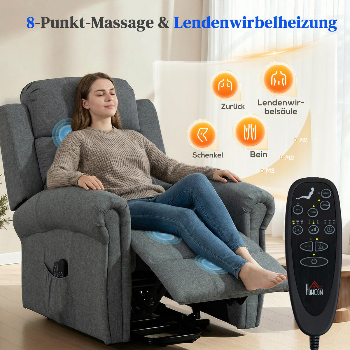 MASSAGESESSEL DE-06429 Mit Aufstehilfe, 45° Lift, 150° neigbar, 8 Massagepunkte, USB Grau - Grau, Textil/Metall (87/108/87.5cm) - ComfortXL