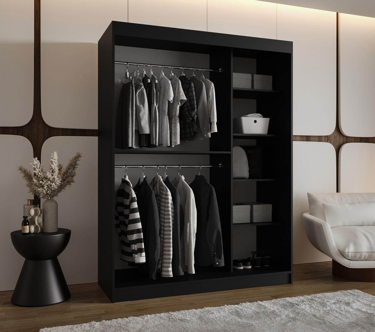 SCHWEBETÜRENSCHRANK 200/150/62 2-türig - Schwarz, Holz (150/200/62cm) - Abiks Möbel