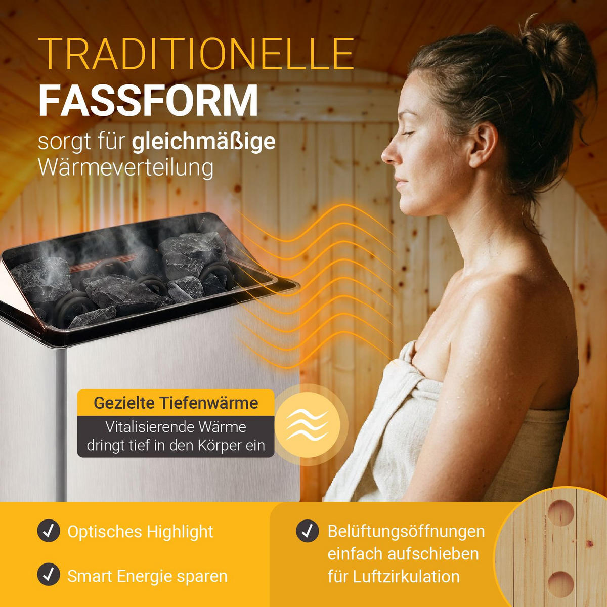 FASSSAUNA Spitzbergen 220 cm mit 8 kW Saunaofen (6 Personen) - Naturfarben, Holz (191/193/220cm) - Artsauna