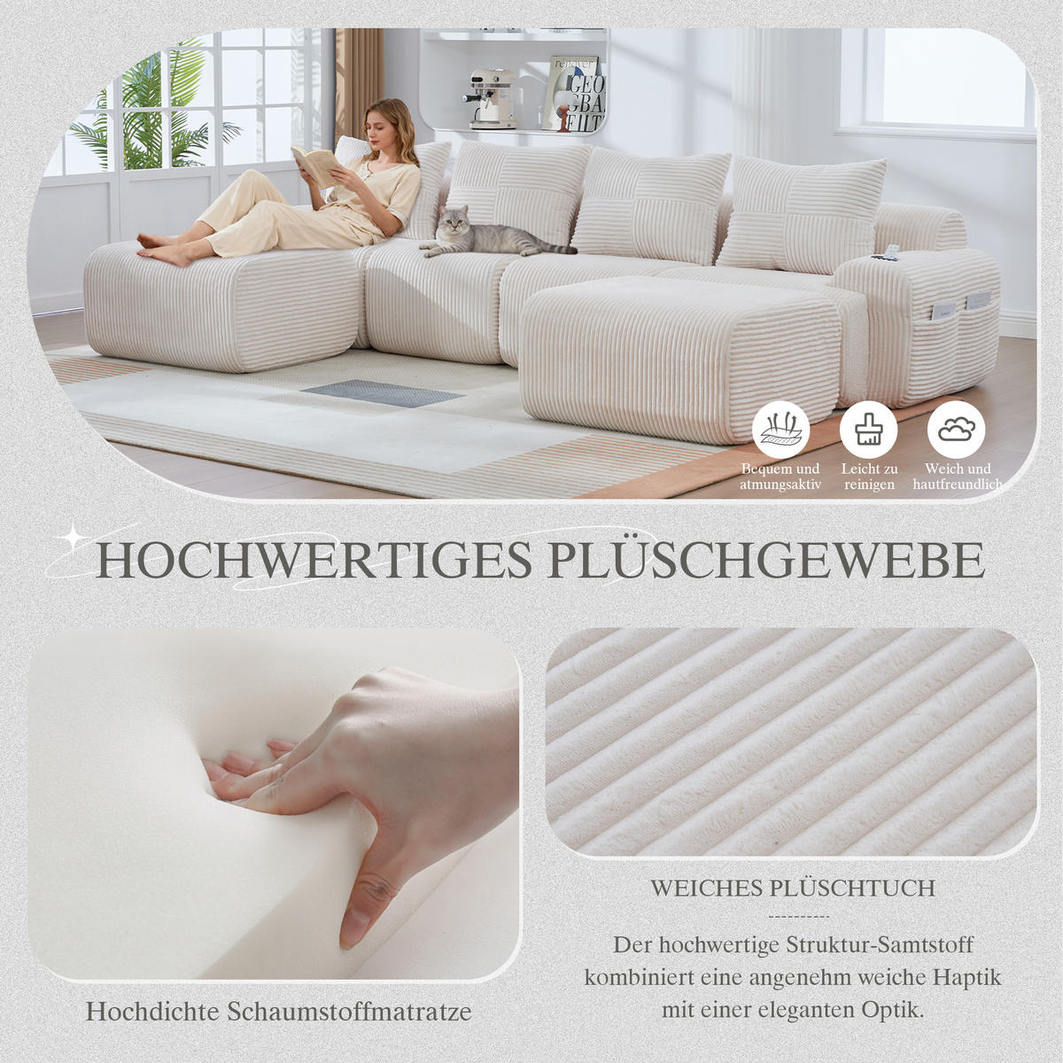 WOHNLANDSCHAFT Cord 4-Sitzer mit 2 Hockern und Getränkehalter 333/174/80 cm Beige - Beige, Textil (174/80/333cm) - Redom