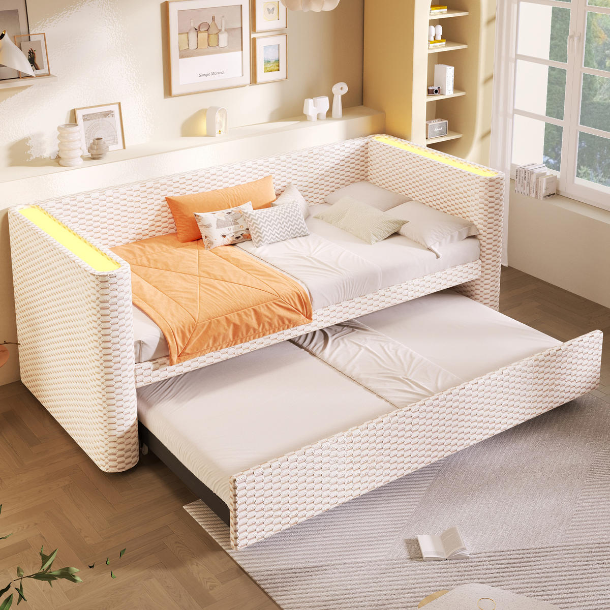 TAGESBETT aus Samt 90x200 cm Beige mit Ausziehfunktion, LED-Beleuchtung und Liegefläche 180x200 cm - Beige, Textil (90/200cm) - Modfu
