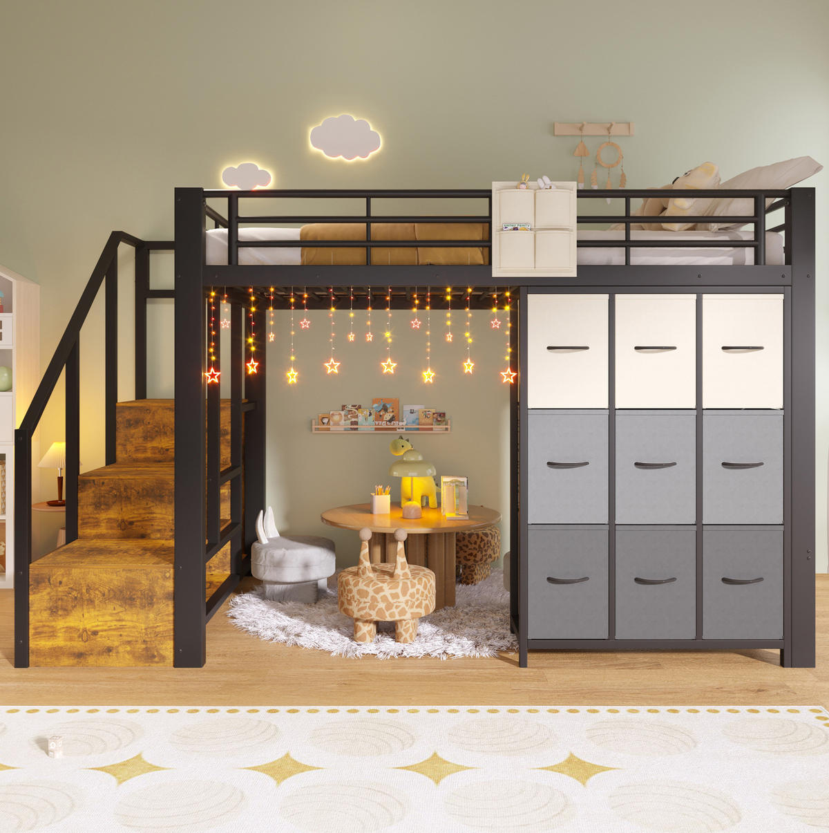 HOCHBETT 140/200 cm mit Schubladen, Kleiderstange, Stauraumtreppe und Geländer, aus Metall und MDF, Schwarz/Weiß - Schwarz, Holzwerkstoff (140/200cm) - Redom