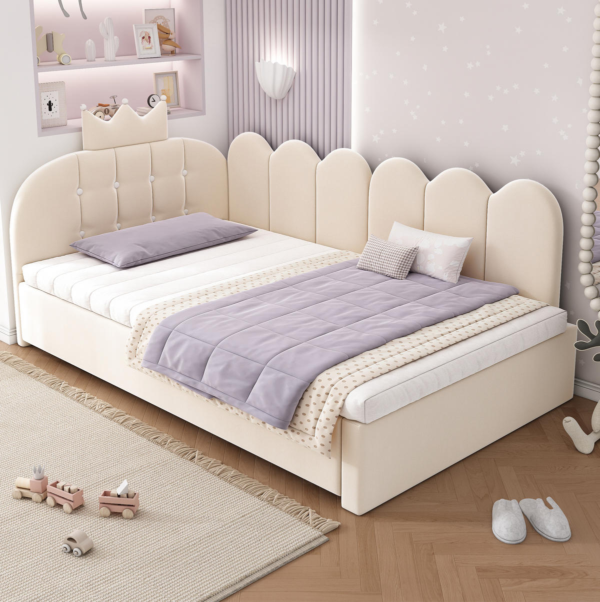 KINDERBETT Polsterbett 90/200 cm aus Samt mit Ausziehbett und Kronendesign Beige - Beige, Textil (90/200cm) - Modenvie