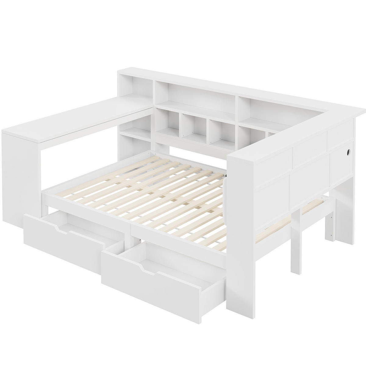 POSTEĽ 140/200 cm biela z MDF a preglejky s písacím stolom, knižnicou, zásuvkami a LED čelom - biela, kompozitné drevo (140/200cm) - OKWISH