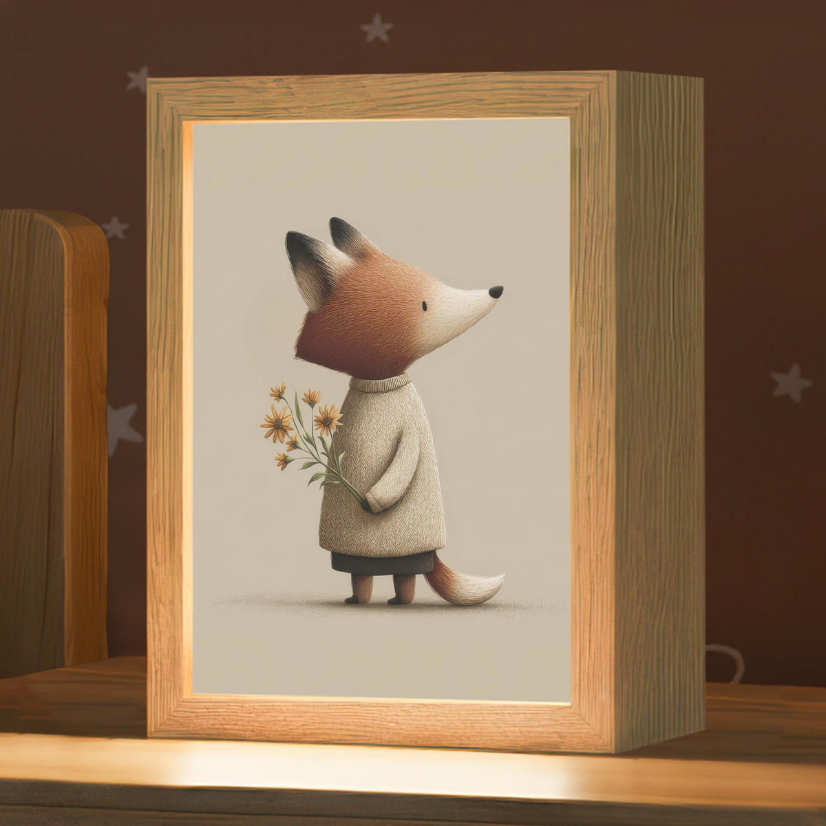 NACHTTISCHLAMPE Fuchs - Gelbe Blumen - Minimalistisch 15x20 cm - Taupe, Holzwerkstoff (8/15/20cm)