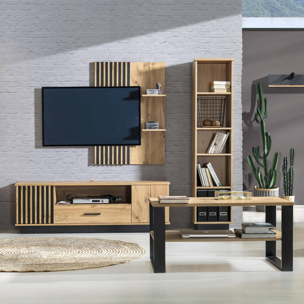 COUCHTISCH Lamelo mit Ablage, 100×56 cm, Eiche Wotan+Schwarz - Eiche Wotan, Holzwerkstoff (100/56/49cm) - Beautysofa