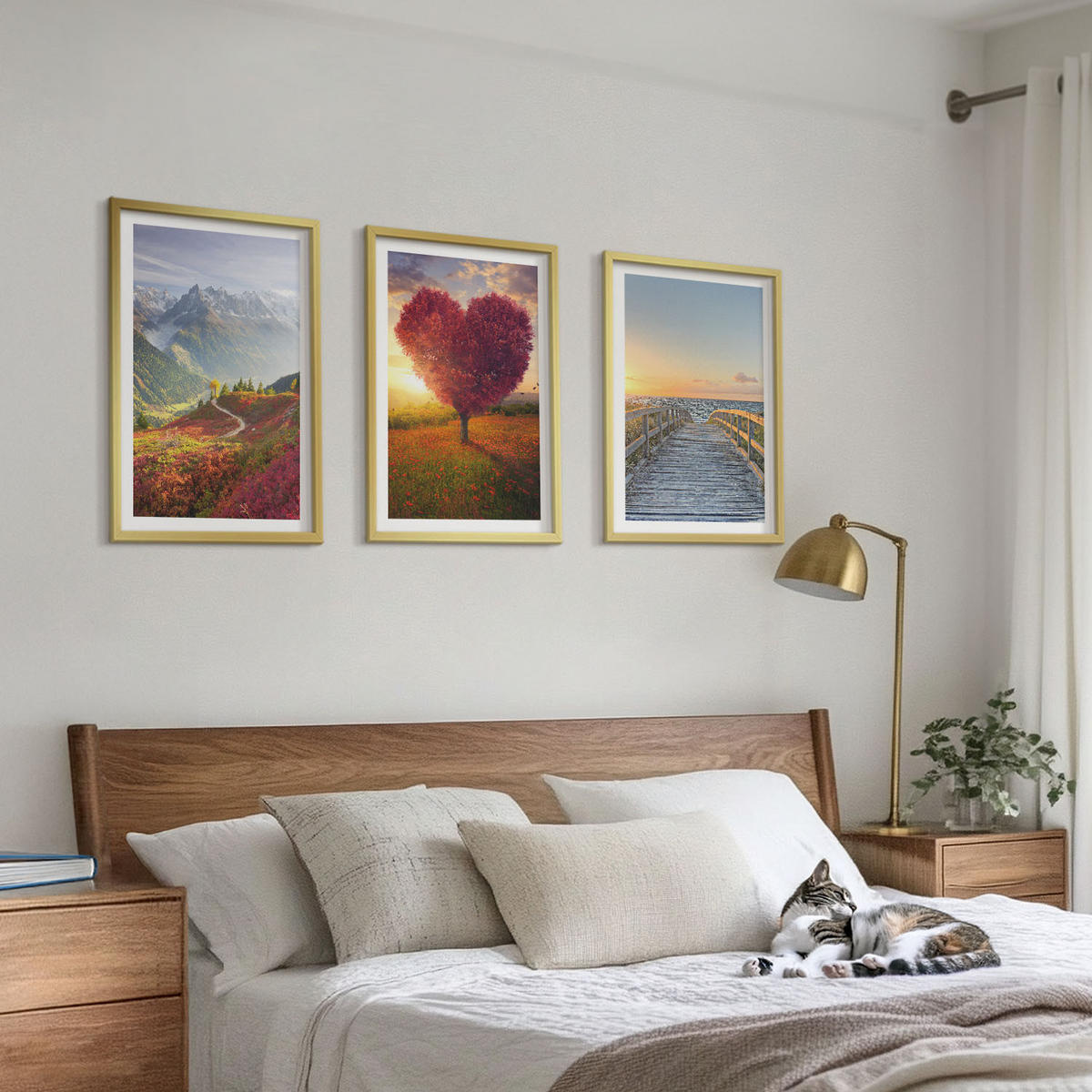 WANDBILDER 3er Set - 40x60 cm Goldrahmen - Landschaften Berge Baum Herz Pier - Goldfarben, Kunststoff (40/60cm) - ArtPrintCave