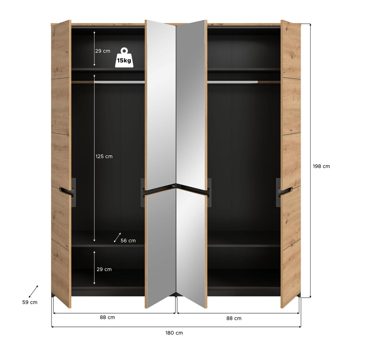 KLEIDERSCHRANK Sova 4-türig – Moderner Schrank in Eiche-Optik & Schwarz mit Stauraum und Spiegeltüren - Grau, Holzwerkstoff (180/198/59cm)