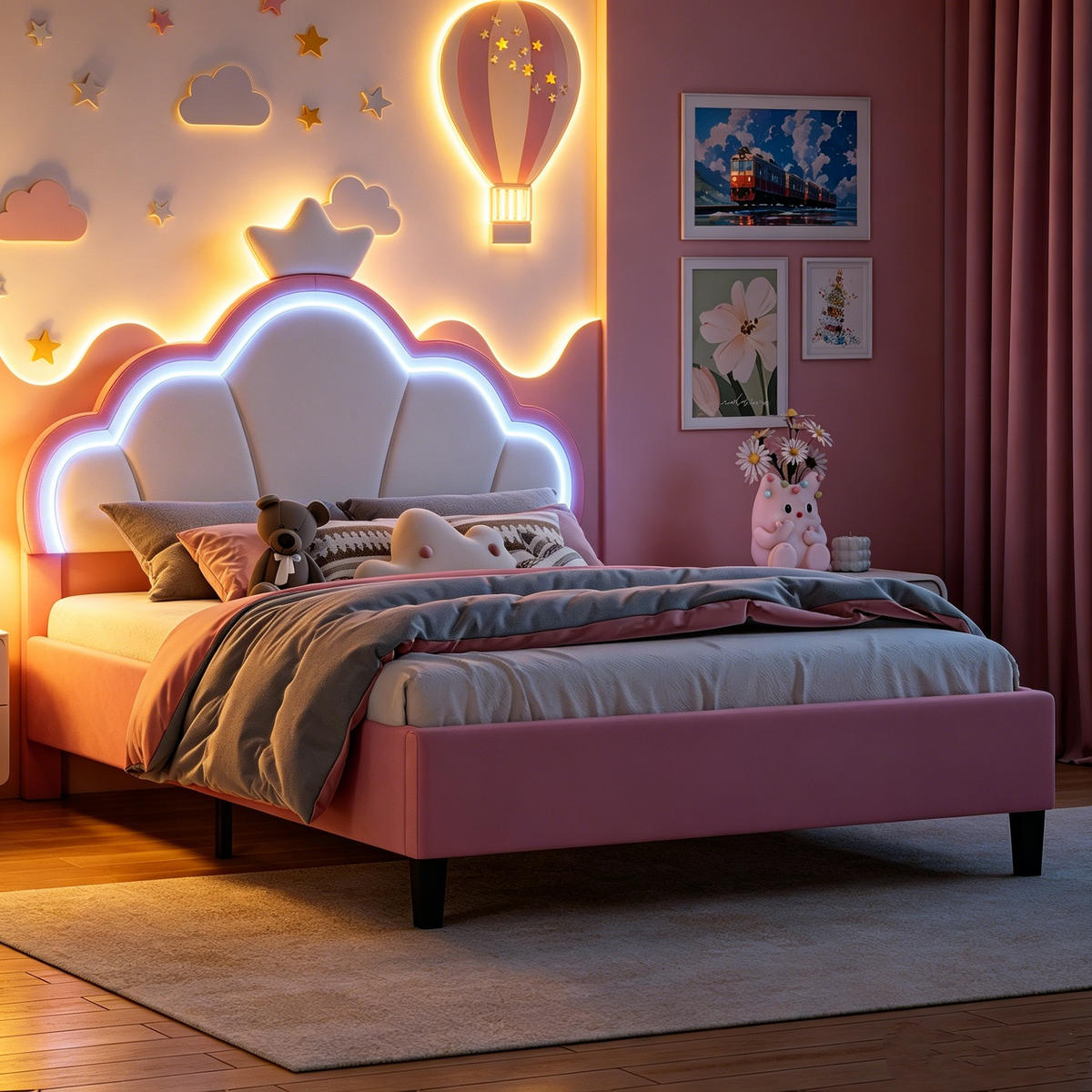 KINDERBETT 140/190 cm Rosa,LED-Polsterbett mit Verstellbarem Kronen-Kopfteil,Samt - Rosa, Holz/Textil (140/190cm) - PARAFTA HOME