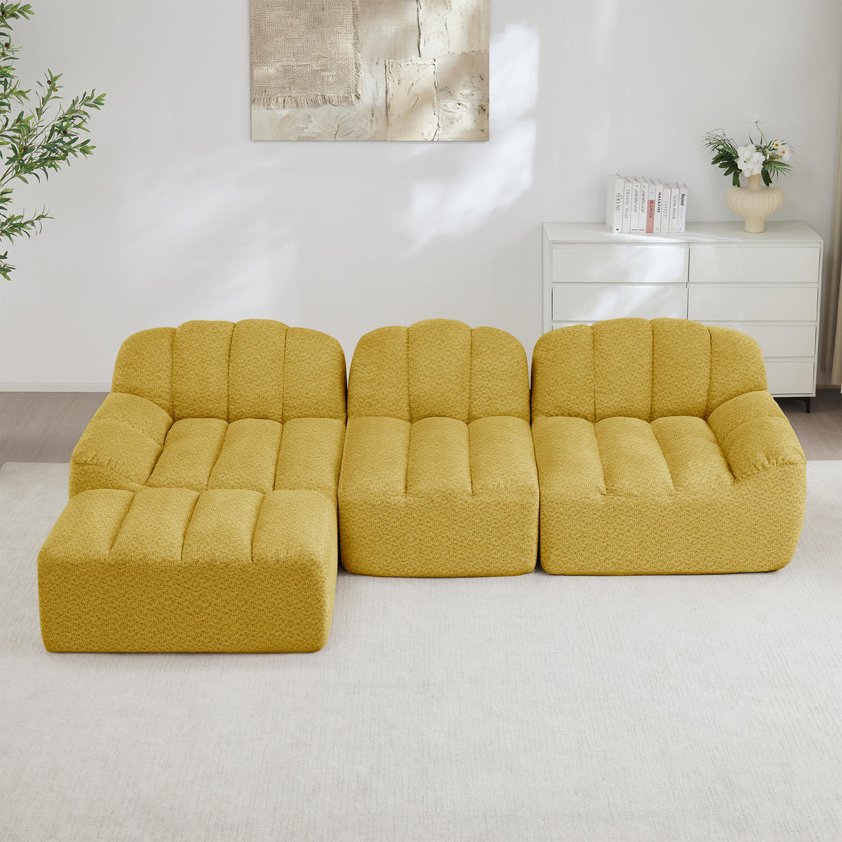 ECKSOFA Granulierter Fleece Gelb mit Ottomane - Gelb, Textil (288/165cm) - WISHDOR