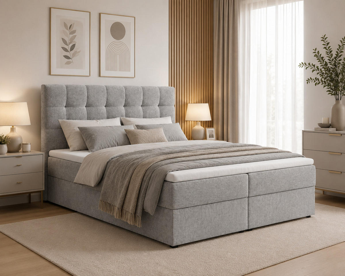 BOXBETT - Bett 05 OSLO - Aragon - 140x200 cm - mit Bettkasten und Komfort-Topper - Hellgrau, Holz (140/200cm) - ROYAL24_MARKT