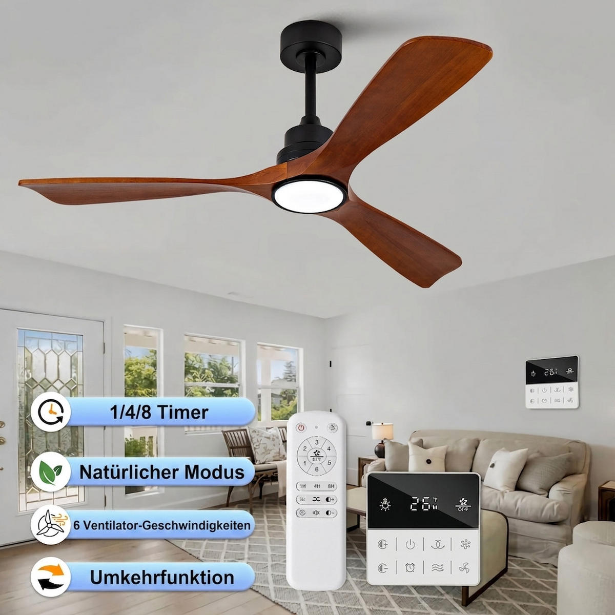 DECKENVENTILATOR & 3 Holzflügeln, 3-Stufen Dimmer, DC-Motor(35dB) - Schwarz, Holzwerkstoff (132/132/45.7cm) - BEXEVUE