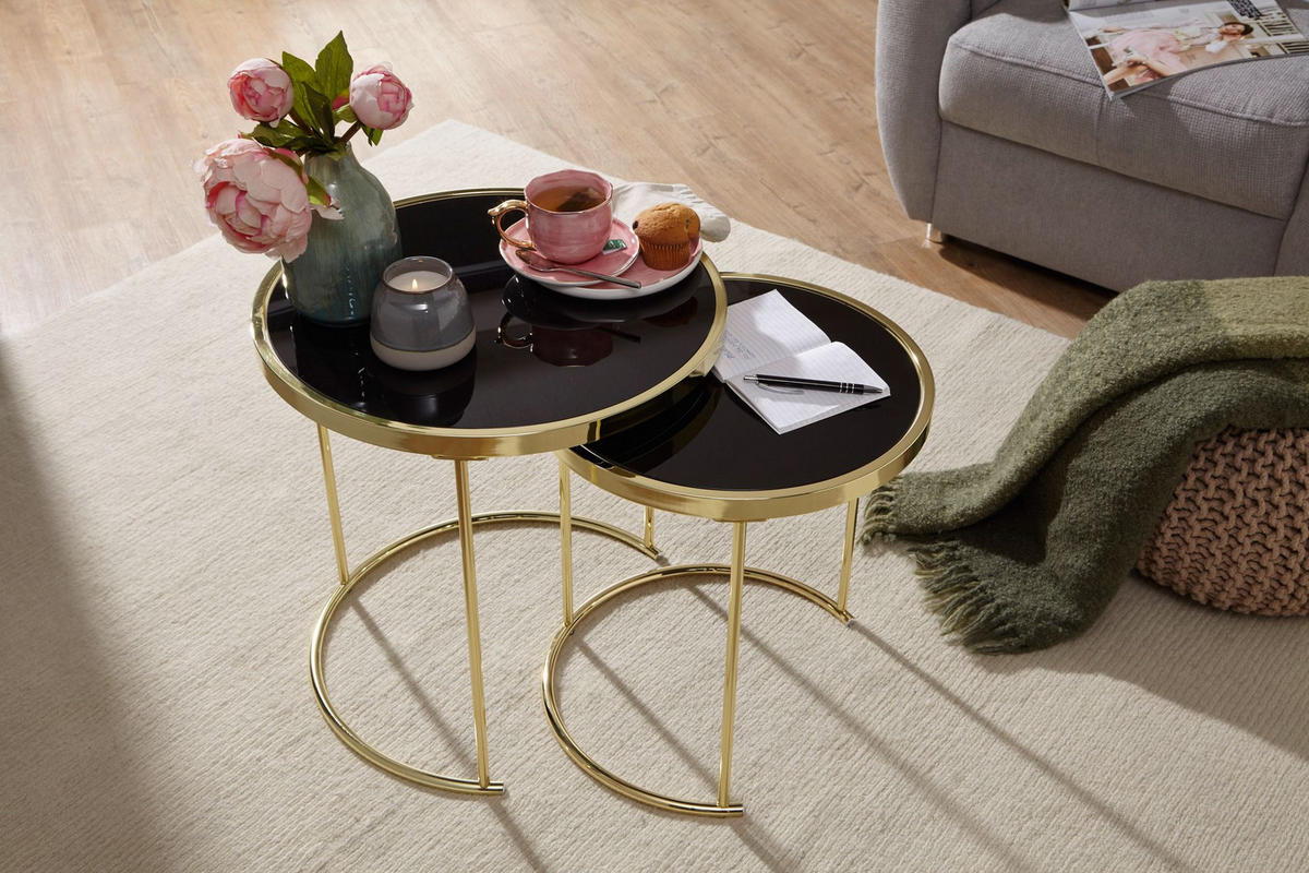 SATZTISCH Set – 2-teilig Metall Hochglanz schwarzes Glas 50/42 cm - Goldfarben/Schwarz, Glas/Metall (50/50/50cm) - KADIMA DESIGN