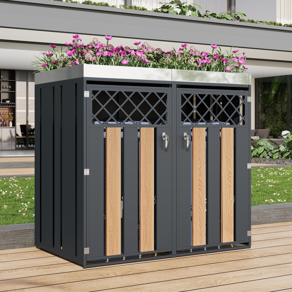 MÜLLTONNENBOX aus Stahl in Grau/Holzoptik mit Pflanzgefäß & Schloss - Grau, Metall (132/124.5/80cm) - Modfu