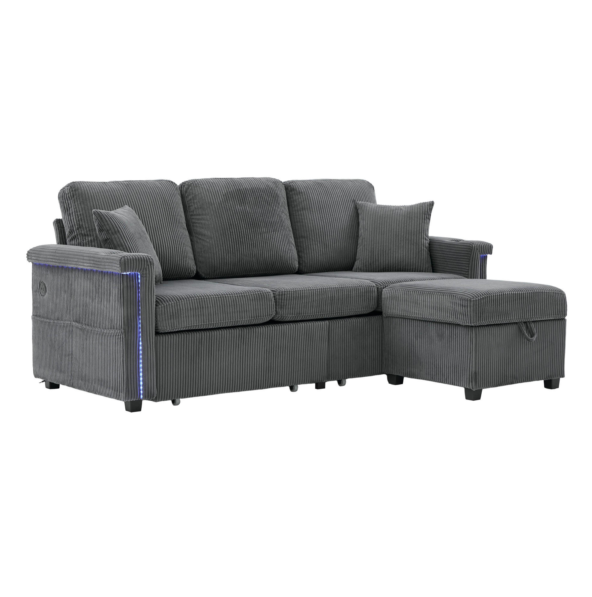 SOFA mit LED und USB/TYPE-C 194 x 73 x 81 cm Corduroy Dark Gray - Dunkelgrau, Kunststoff (194/81/73cm) - Meubliv