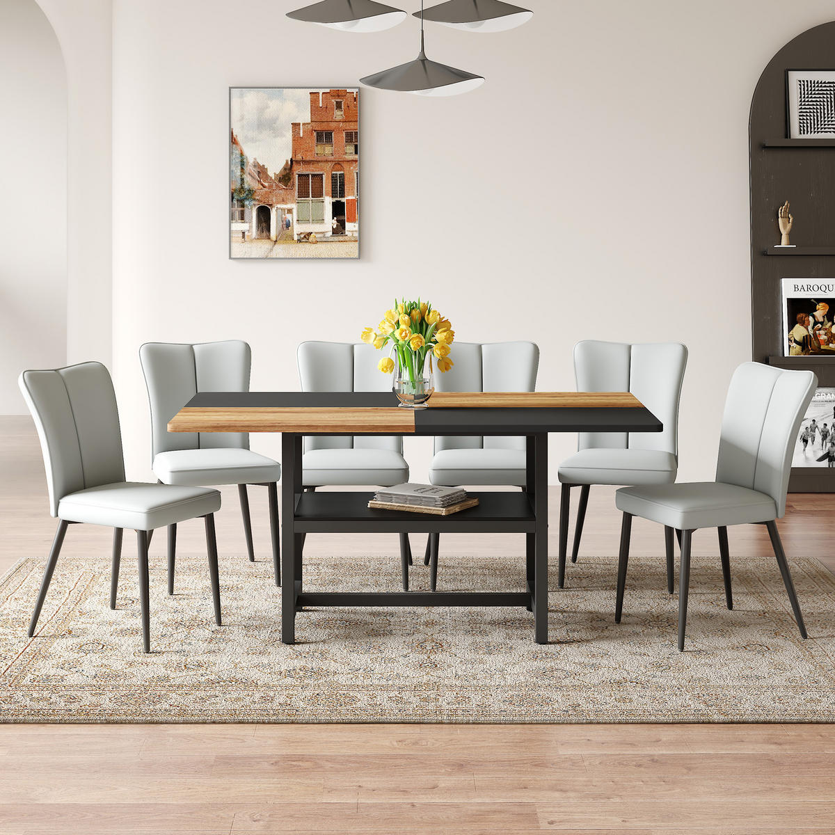ESSGRUPPE DE-39364 7-teilig, mit 6 PU-Sesseln Hellgrau - Hellgrau, Holzwerkstoff (160/76/90cm) - ComfortXL