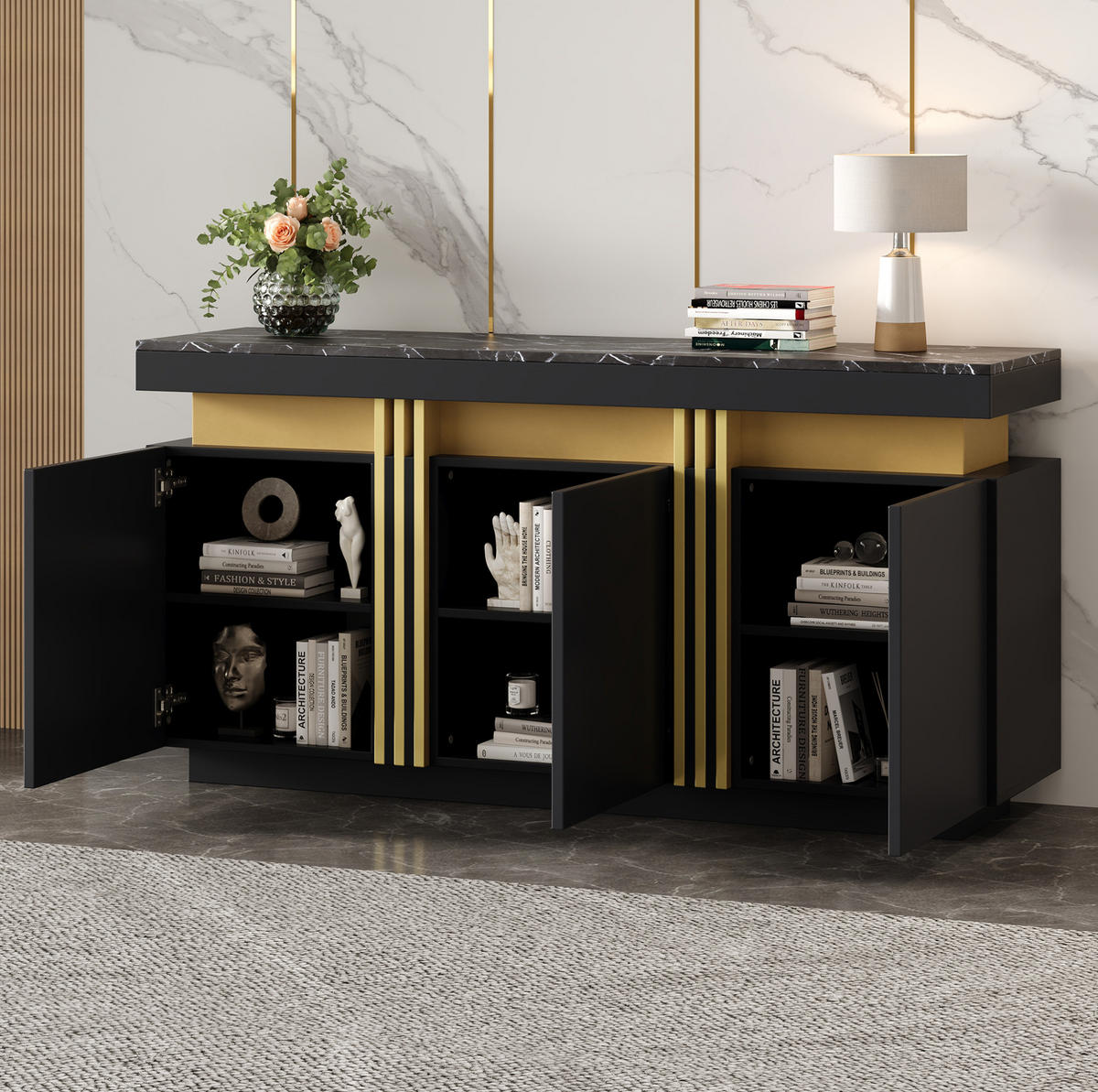SIDEBOARD aus Spanplatte 140x38x70 cm Schwarz mit Marmoroptik, 3 Türen und verstellbaren Einlegeböden - Schwarz, Holzwerkstoff (140/70/38cm) - IVMEU