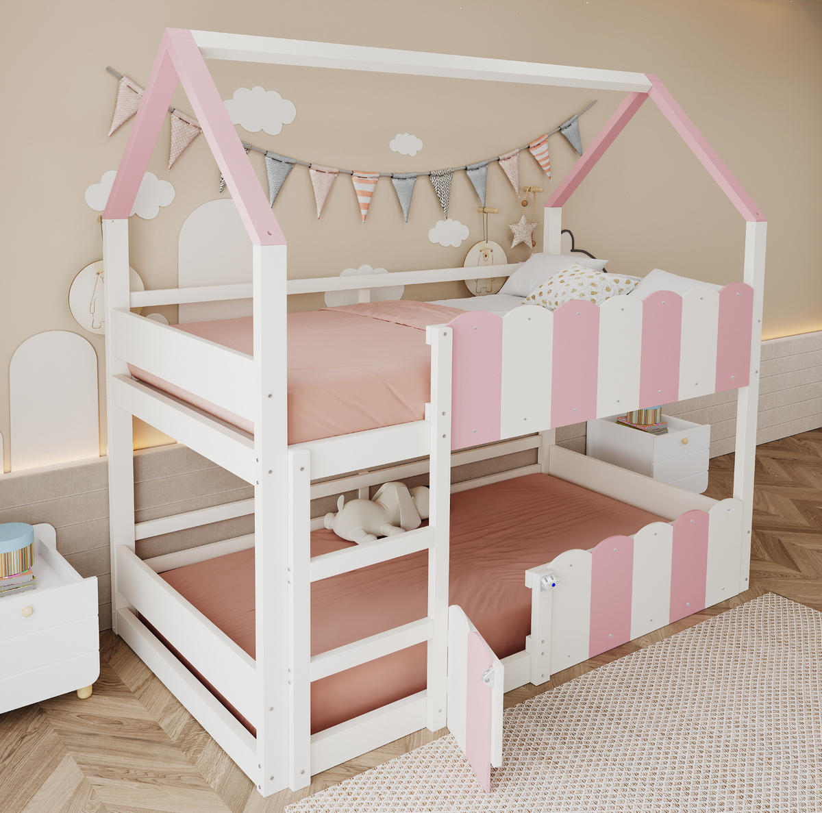 ETAGENBETT aus Holz 90x200 cm Rosa/Weiß mit Hausdesign, Sicherheitsgeländern und Klapptür - Pink, Holz (90/200cm) - Modfu