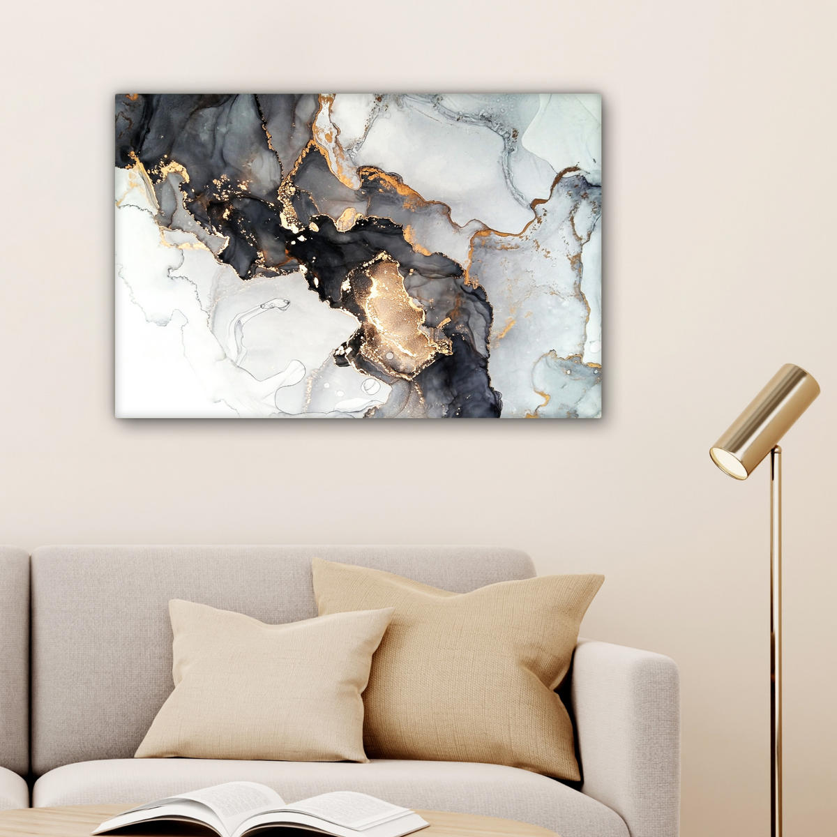LEINWANDBILD Marmor - Schwarz - Weiß - Gold - Luxus - Abstrakt Gemälde 60x40 cm - Goldfarben, Textil (60/40cm) - MuchoWow